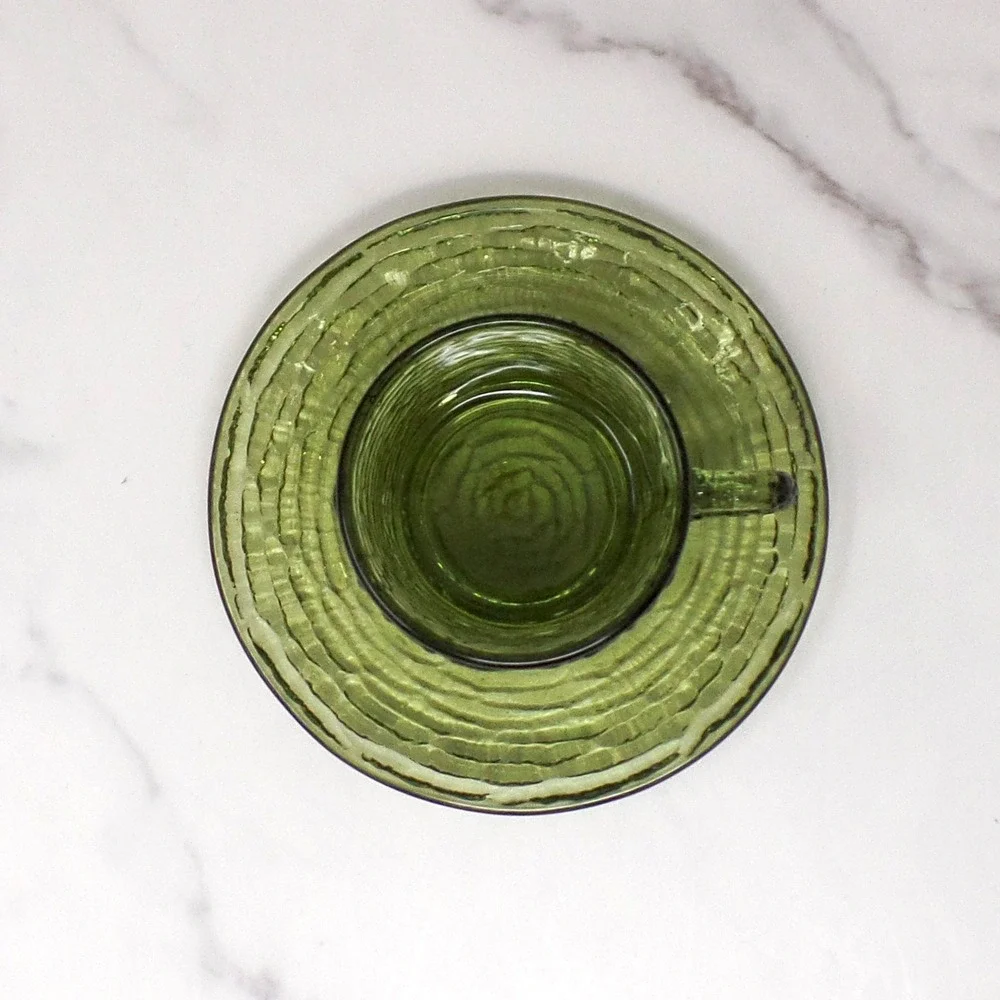 Vintage Anchor Hocking Soreno Avocado Green Glass Cup & Saucer, 6 oz (1966-70)